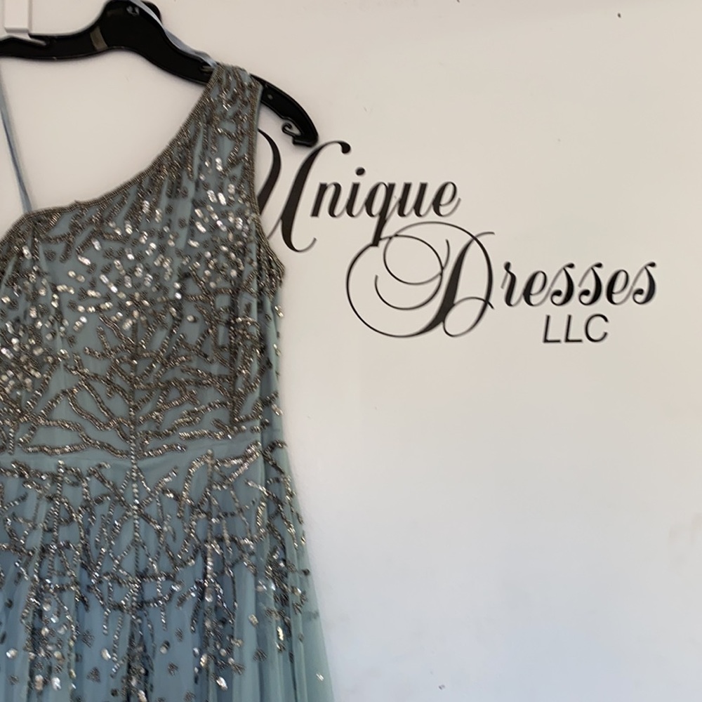 Adrianna Papell one shoulder light blue beaded long gown - Picture 7 of 13